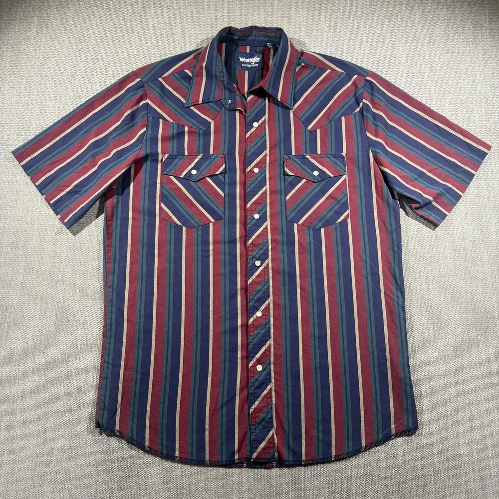 Wrangler Shirt Mens Medium Blue Stripe Western Pearl Snap Cowboy Short Sleeve
